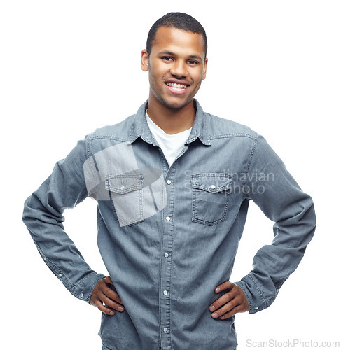 Image of Portrait, studio and happy black man for denim shirt, outfit and smile on face for clothes. African male person, joy and aesthetic, casual and cool as model for fashion for style in white background