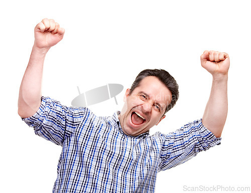 Image of Man, fist and success with shout in studio for winning, goals or financial freedom by white background. Person, celebration and portrait for achievement, prize or competition with cheers for giveaway