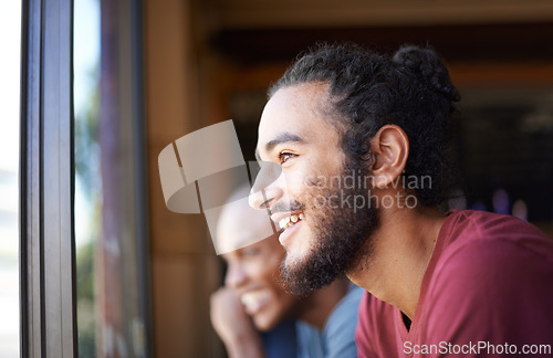 Image of Face, smile and man at window of coffee shop to relax with view or enjoy free time off closeup. Cafe, customer and retail with happy young person in restaurant for service or hospitality industry