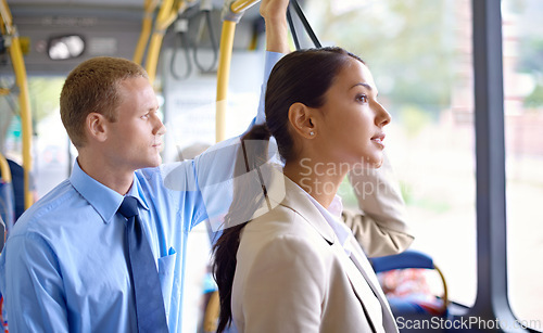 Image of Business people, standing and commute on public transportation or bus, journey and travel to work in city. Commuters, drive and trip or transit on metro, traffic and passenger or ride in vehicle