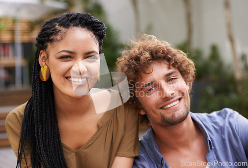 Image of Couple, portrait and lovers with happiness, smile and love outdoors in backyard, garden and patio. Black woman, male person and diversity for partnership, bonding and summer together in Jamaica
