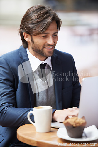 Image of Businessman, laptop and smile with cafe, entrepreneur and coffee shop with suit and table. Man, broker and news with reading, break and corporate job with mug and restaurant for rest and remote work