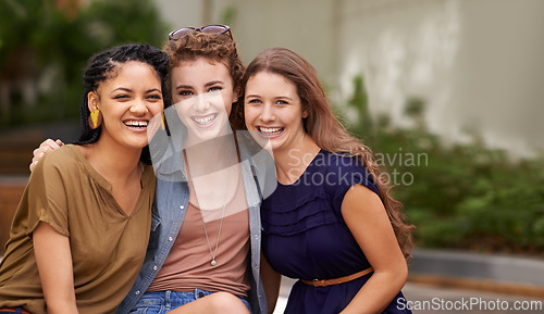 Image of Friends, women and happy with bonding at outdoor for break with fun, conversation and sharing memory. Diversity, smile and excited with support, care and relax in summer for friendship and positivity