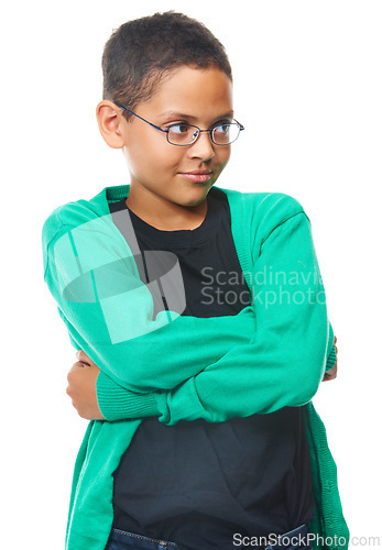 Image of Boy, attitude and studio thinking with fashion for student, curious and isolated with expression. Child, glasses for vision with dreaming or thoughts of idea with casual outfit and white background