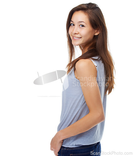 Image of Portrait, Asian woman and happy with fashion, smile and isolated on white background. Confident, mock up and contemporary learner from Japan with style, student and trendy clothing look over shoulder