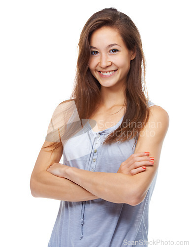 Image of Portrait, smile and arms crossed for hair with woman in studio isolated on white background. Beauty, cosmetics or natural with happy young person looking confident in shampoo or keratin haircare