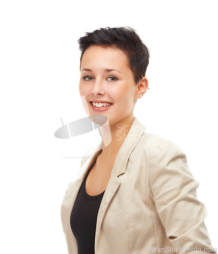 Image of Portrait, happy and business woman in studio for job, career and mockup space isolated on a white background. Face, professional and smile of entrepreneur, employee or consultant working in Spain