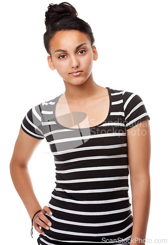 Image of Studio, portrait or confident student with fashion or trendy style, pride or gen z aesthetic by white background. Egyptian woman, face or casual teenager top or funky clothes in closeup for studies