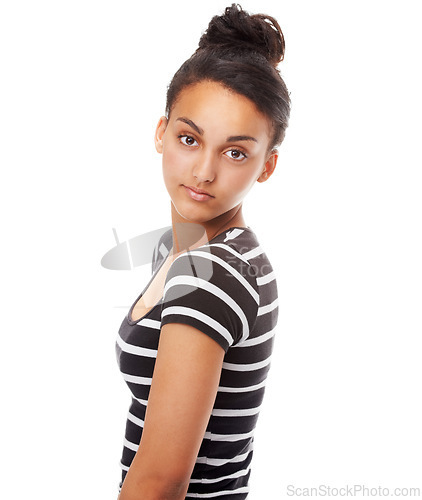 Image of Studio, portrait and positive student with fashion or trendy style, shine and gen z aesthetic by white background. Egyptian woman, face and casual teenager in top or funky clothes and cool hairstyle