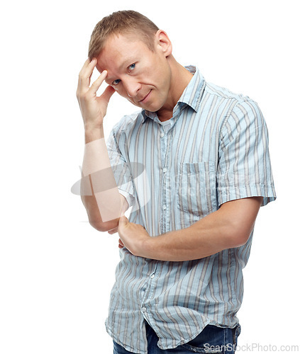 Image of Portrait, stressed and male model and worried, upset and thinking on isolated white background. Bad news, mental health or migraine for crisis, issue or problem for middle aged fashionable man