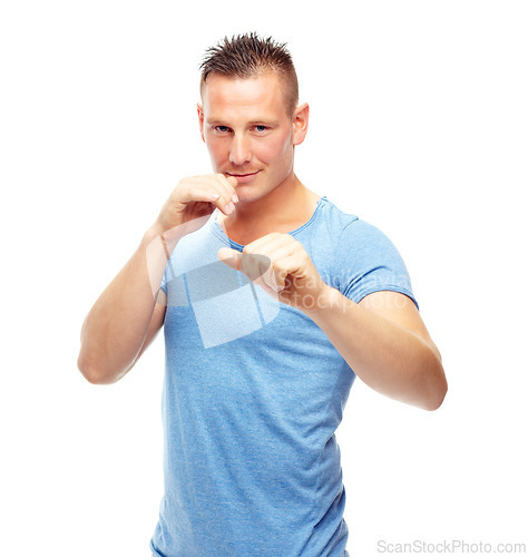 Image of Portrait, fitness and boxing with sports man in studio isolated on white background for training. Exercise, health and workout with confident young athlete, boxer or fighter in gym for self defense