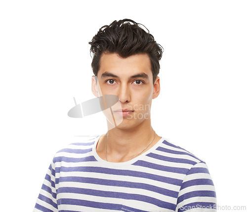 Image of Portrait, serious and man in shirt for fashion in studio isolated on a white background. Face, confidence and young person, model or student in casual clothes for trendy style on a backdrop in Mexico
