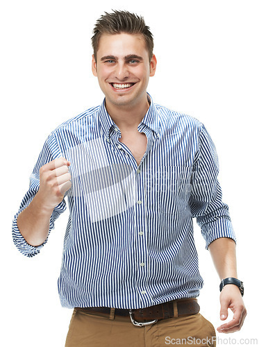 Image of Portrait, happy and man in celebration for success, winning and goal achievement in studio isolated on a white background. Person, cheers and fist pump to smile for victory, promotion or bonus prize