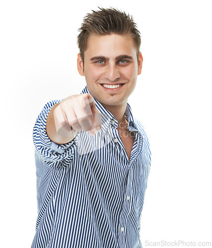 Image of Pointing, you and man in studio portrait, cool and casual motivation for winning and support. Encourage, happy and win for competition and achievement, satisfaction and isolated on white background