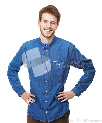 Image of Man, portrait and confidence for fashion, trendy style and clothing in casual outfit on studio background in edgy apparel, happiness and smile. Male person, model and face in denim shirt with pride