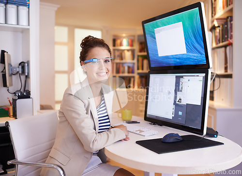 Image of Woman, portrait and smart glasses at computer screen with dual multi monitor for tech startup, futuristic or innovation. Female person, face and home office with connection eyewear, cyber or online