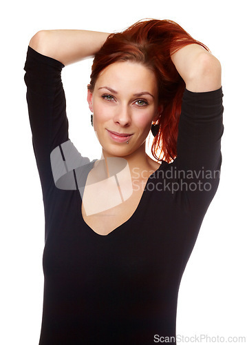 Image of Portrait, red hair and woman with beauty, cosmetics and keratin treatment for redhead with mockup space. Cosmetology, haircare and model from Russia with texture, growth and shine on white background