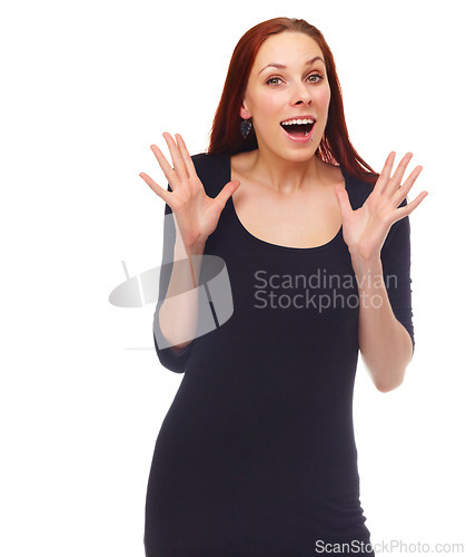 Image of Wow, portrait and woman with surprise hands in studio for news, deal or unexpected information on white background. Omg, face and female model with shock emoji for gossip, secret or promotion offer