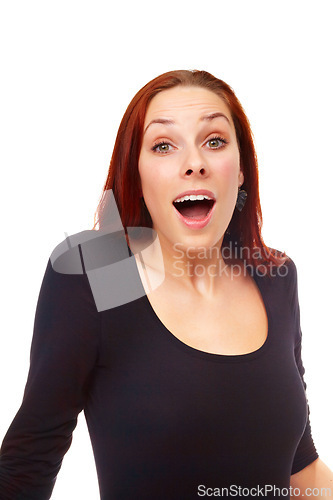 Image of Portrait, excited and surprise with woman, announcement and model isolated on a white studio background. Face, girl and person with expression and shocked with reaction and news with wow and emoji