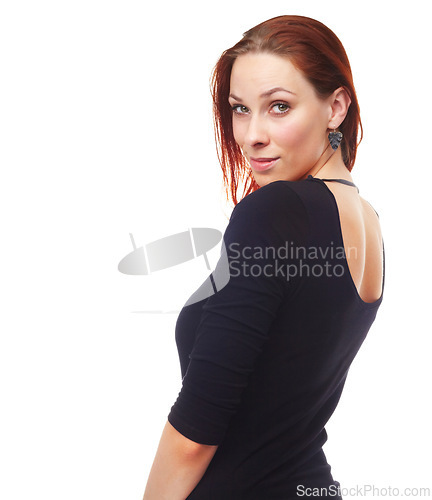 Image of Fashion, portrait and ginger woman in studio isolated on a white background mockup space. Face, confidence and person in casual clothes, trendy and model in stylish outfit in Sweden on a backdrop