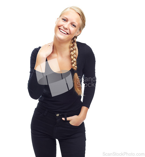 Image of Smile, fashion and portrait of woman with beauty for style, trendy and confidence with plait. Female person, face and clothes with hand in pocket for cool, happiness or cosmetics on white background