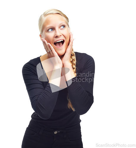 Image of Happy, excited and surprise with woman, reaction and model isolated on a white studio background. Emoji, girl and person with expression and shocked with omg and good news with wow and winner