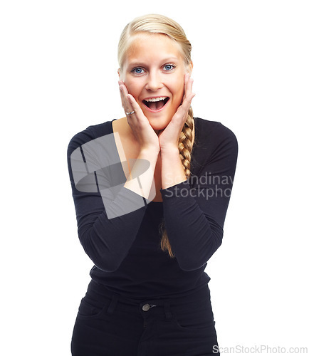 Image of Wow, woman and portrait in studio with happiness for announcement, gossip or discount deal with wtf expression. Person, face and surprised with good news, winner and sale offer on white background