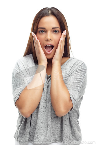 Image of Surprised, woman and portrait in studio with wow for announcement, gossip or discount deal with wtf expression. Person, face and shocked with good news, winner and sale offer on white background