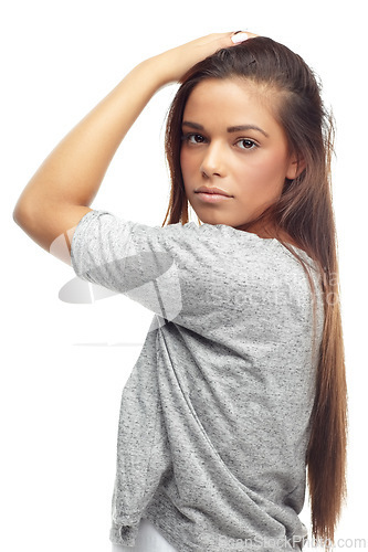 Image of Portrait, female student and fashion in studio, confidence and style on white background. Spanish girl, model and gen z or learner, fashionable and trendy clothing and aesthetic or contemporary