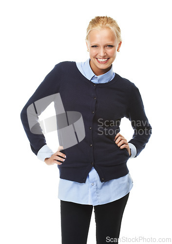 Image of Fashion, portrait and happy woman in studio with confidence, style or playful attitude on white background. Face, smile and female model with smart casual clothes, person or cool outfit choice