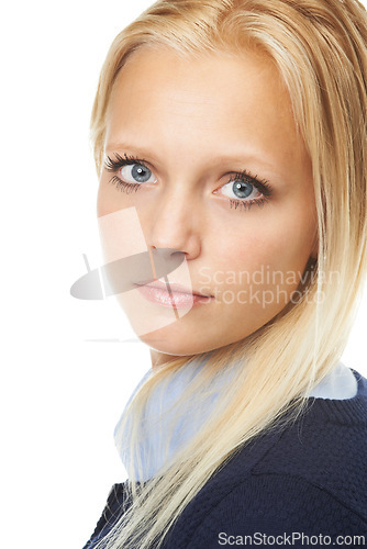 Image of Studio, portrait and serious young woman with beauty for cosmetics, mascara and foundation by white background. German model, blue eyes and blonde hair for face with makeup and closeup of skincare