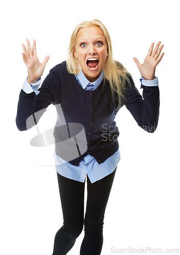 Image of Wow, surprise and portrait of screaming woman in studio with announcement, deal or promo on white background. Face, shouting or female model with open mouth emoji gesture for competition prize winner