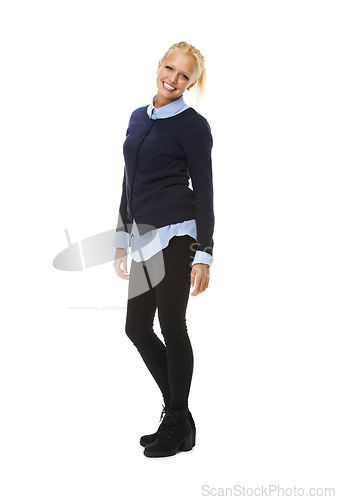 Image of Portrait, fashion and smile of woman in studio isolated on a white background mockup space. Model, blonde student and happy person in casual clothes, trendy or stylish outfit in Sweden on a backdrop