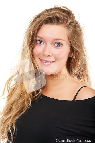 Image of Studio, portrait and happy woman for beauty or cosmetics, shine and keratin treatment in closeup. German model, glow and shiny long hair with positive face and conditioner results by white background
