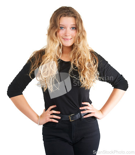 Image of Studio, portrait and confident woman with fashion or trendy style, smile and gen z aesthetic by white background. German student, blue eyes or long hair with young face or funky jeans or cool clothes