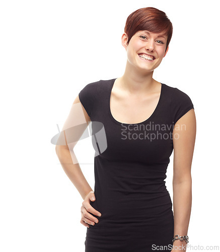 Image of Portrait, confidence and smile of woman in studio for fashion in trendy outfit isolated on white background mockup space. Face, happy and model, person or ginger girl in casual clothes in Switzerland