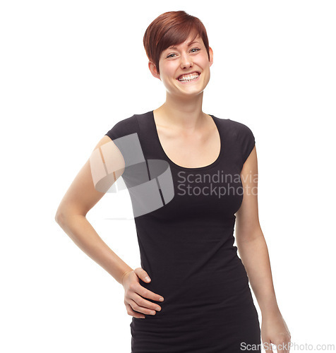 Image of Fashion, portrait and a happy woman with confidence in studio isolated on a white background. Trendy model, smile and female person in casual clothes, outfit and stylish shirt in Sweden on a backdrop