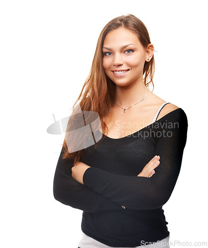 Image of Woman, studio and portrait with arms folded for confidence with smile with stylish clothes for fashion or trendy look. Female person, isolated and white background with classy outfit for beauty