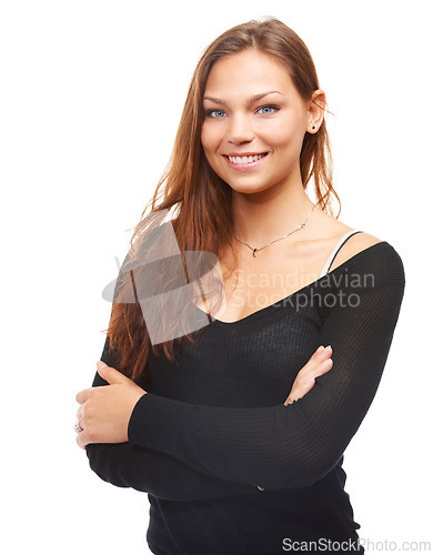 Image of Fashion, portrait and happy woman with arms crossed in studio isolated on white background. Face, student and confidence of person in casual clothes, trendy or stylish model in Sweden on a backdrop