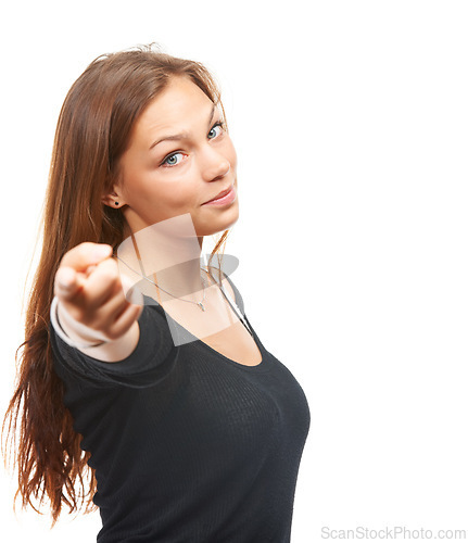 Image of Woman, portrait and point forward in studio with smile for opportunity, choice and vote for you. Female person, face and hand with gesture for motivation, encourage and decision on white background