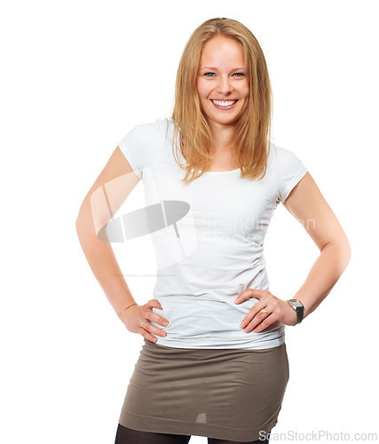 Image of Woman, portrait and smile for fashion and confident with hands on hips with stylish clothes for trendy look. Female person, isolated and white background in studio with casual outfit and face