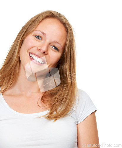 Image of Portrait, hair and happy woman in studio with shampoo, results or beauty and color on white background. Blonde, haircare or face of female model with growth, texture and dye satisfaction or treatment