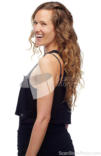 Image of Woman, portrait and laughing in studio, funny joke and fun or satisfaction on white background. Happy female person, comedy and smile for silly humor, goofy comic and positive for enjoyment on face