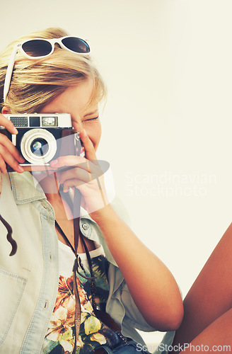 Image of Woman, camera and lens for retro, travel and photography for weekend getaway in Costa Rica. Creative, photographer or female tourist for analog, shutter or film for art or pictures on summer vacation
