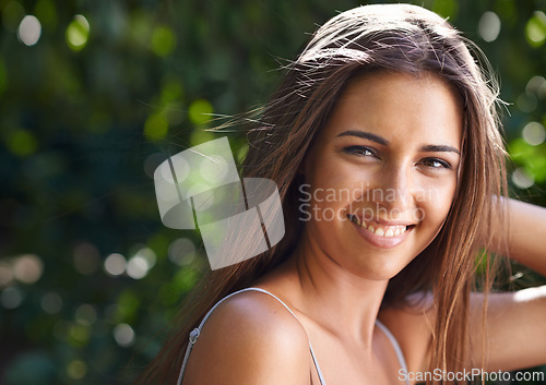 Image of Trees, nature and woman in backyard, garden and calm environment in summer. Female, model and portrait with healthy glow on skin with beauty outdoor in forest park or woods with leaves on mockup