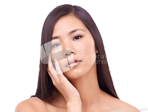 Image of Asian woman, face and aesthetic with studio, skin care and cosmetic for treatment or care. Japanese model, portrait and beauty with confidence, satisfaction and wellness isolated on white background