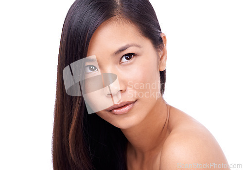 Image of Asian woman, thinking and white background with hair or skin for beauty, model and cosmetics for skincare or routine. Wellness, closeup and natural or healthy face with dermatology isolated in studio