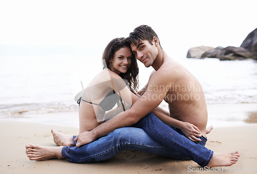 Image of Portrait, couple and beach with smile for affection on vacation, bonding and love with trip on summer in Barcelona. Relationship, holiday and travel for happiness, memory and break with romance