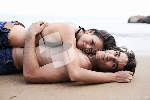 Image of Couple, beach and topless for love with bonding on holiday, happiness and break on summer in Mauritius. Relationship, vacation and travel with smile for affection with trip, romance for memories.