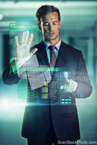 Image of Businessman, online and glass with security hologram of futuristic biometrics and information technology. Male person, user experience and digital interface for corporate company with hand scan tech